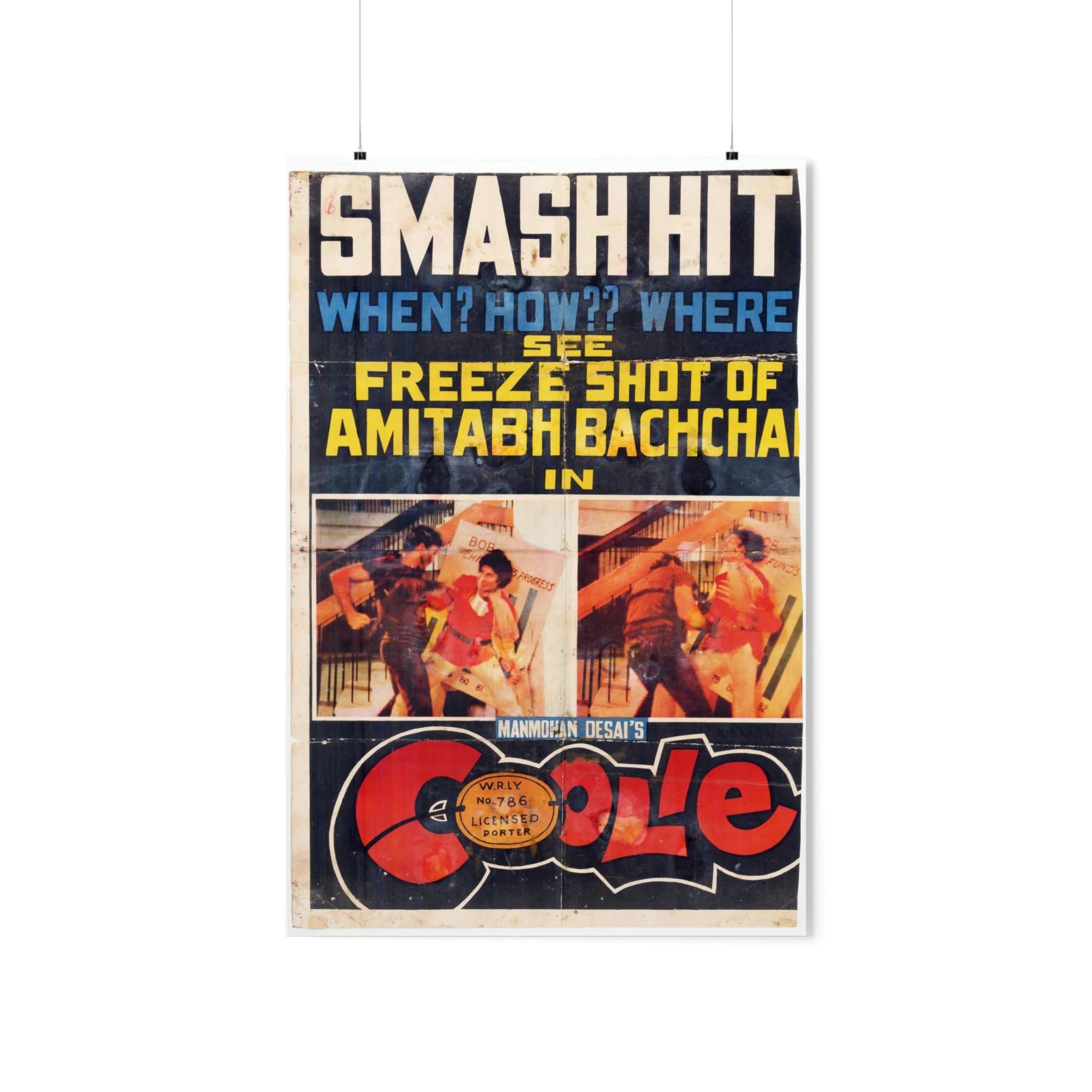 Coolie (1983) Poster with "Freeze Frame of the injury to Amitabh Bachchan" Premium Matte Vertical Posters
