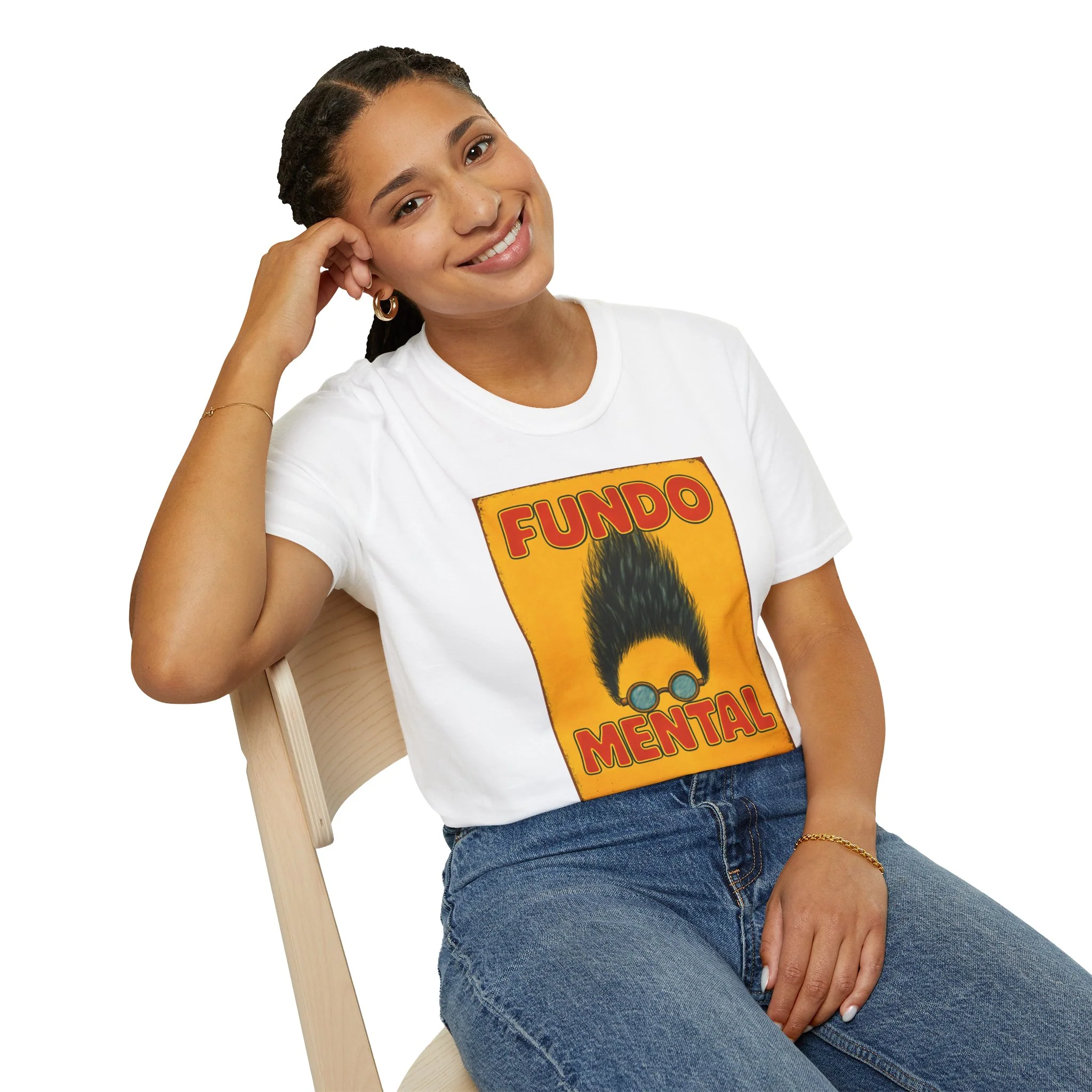 Graphic T-Shirt — "Fundo Mental" Retro Portrait + Palestinian Flag Watermelon Back Art - Image 3