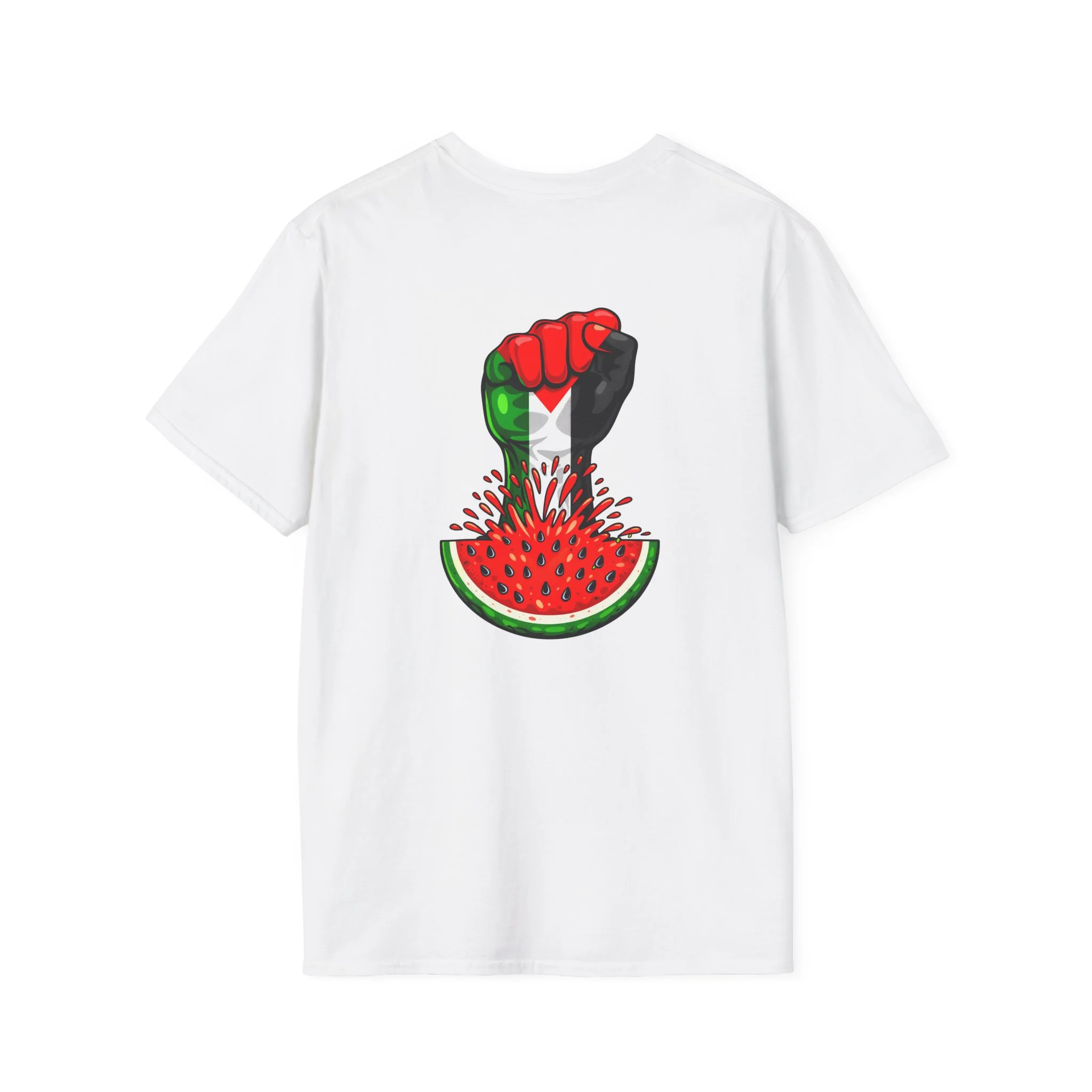 Graphic T-Shirt — "Fundo Mental" Retro Portrait + Palestinian Flag Watermelon Back Art - Image 6