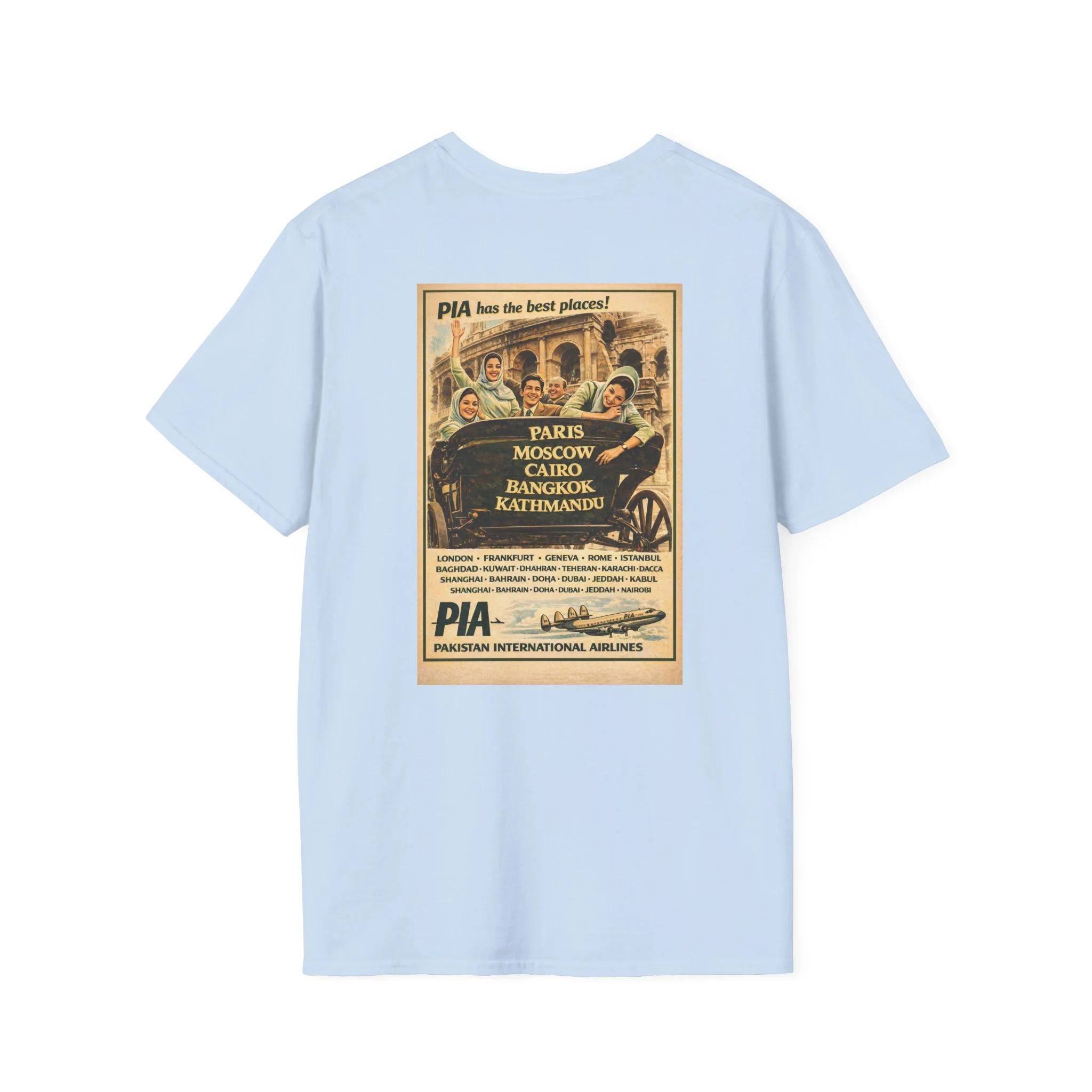 Vintage PIA Airlines Poster T-Shirt — Retro Travel Graphic Tee - Image 11