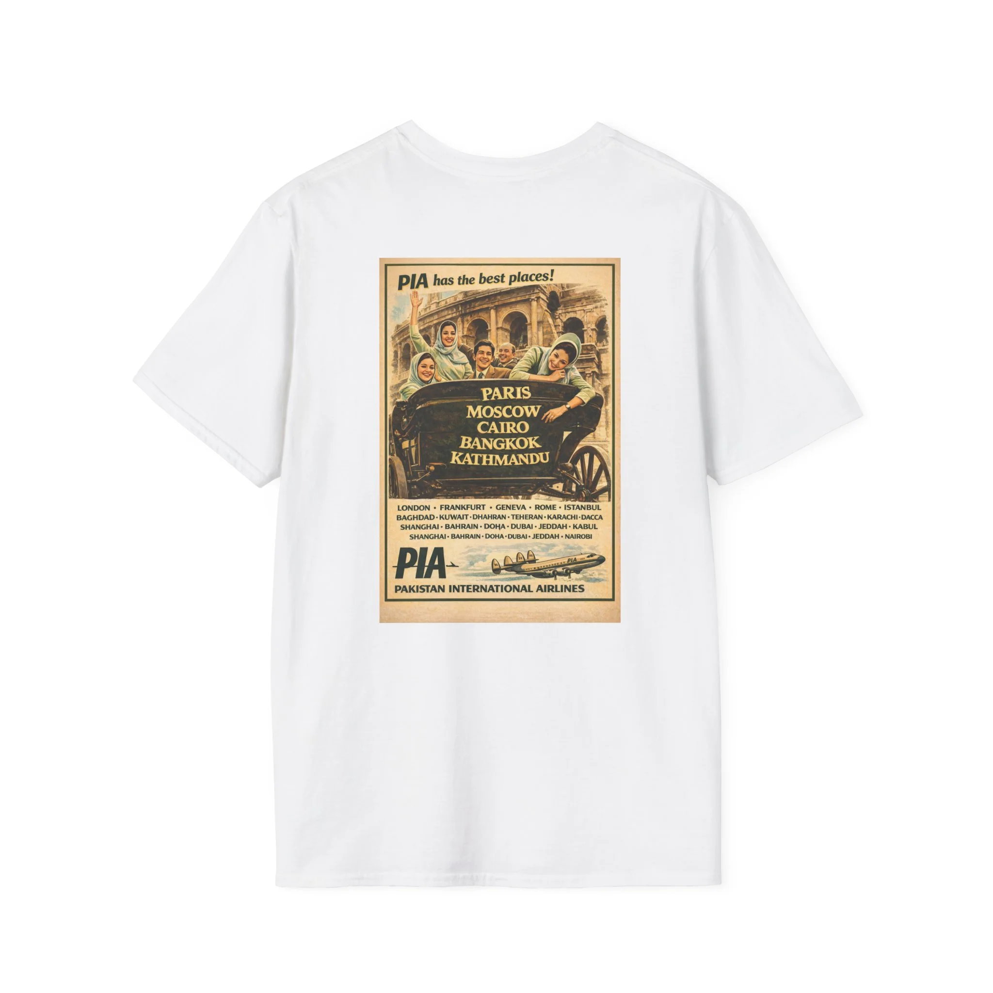 Vintage PIA Airlines Poster T-Shirt — Retro Travel Graphic Tee - Image 5