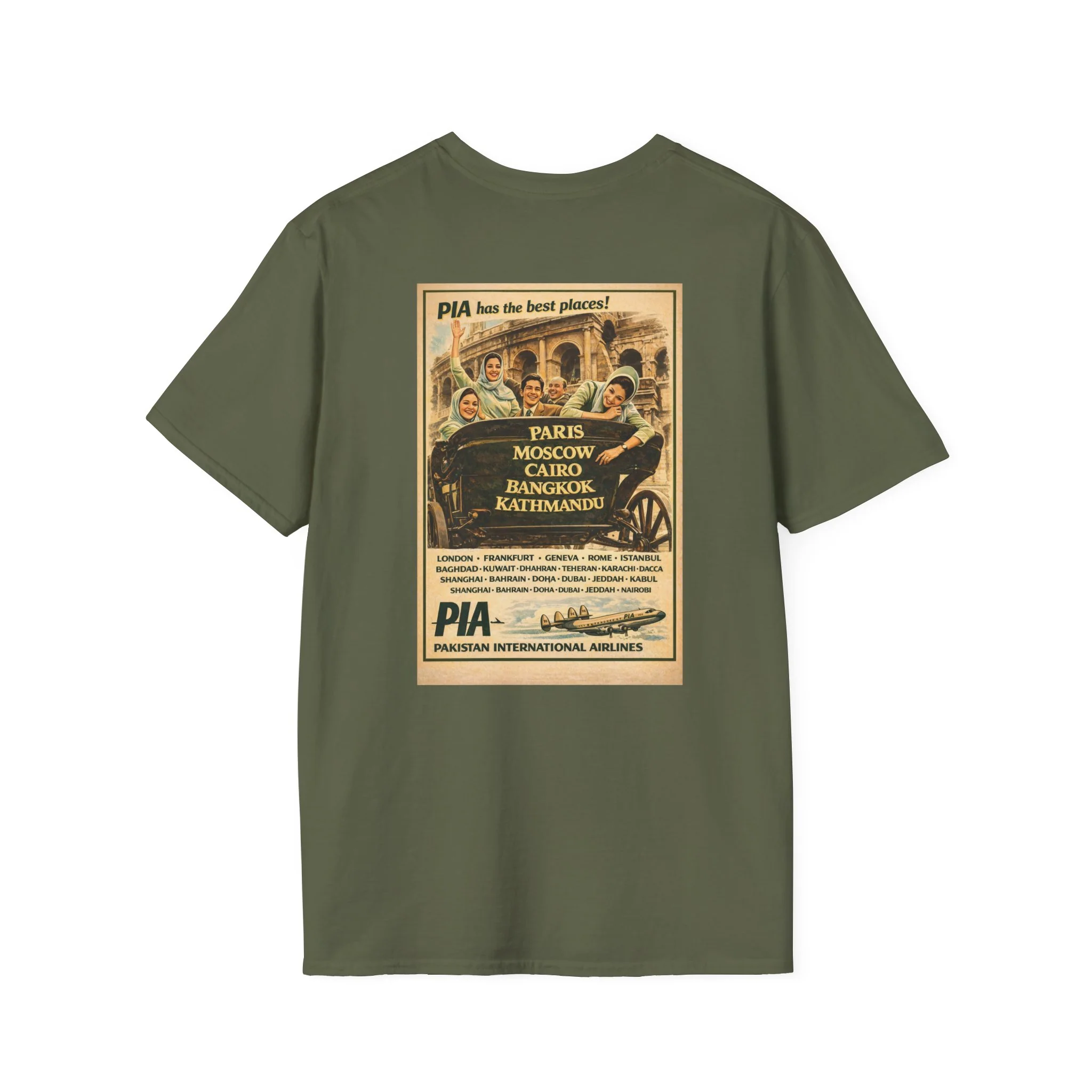 Vintage PIA Airlines Poster T-Shirt — Retro Travel Graphic Tee - Image 8